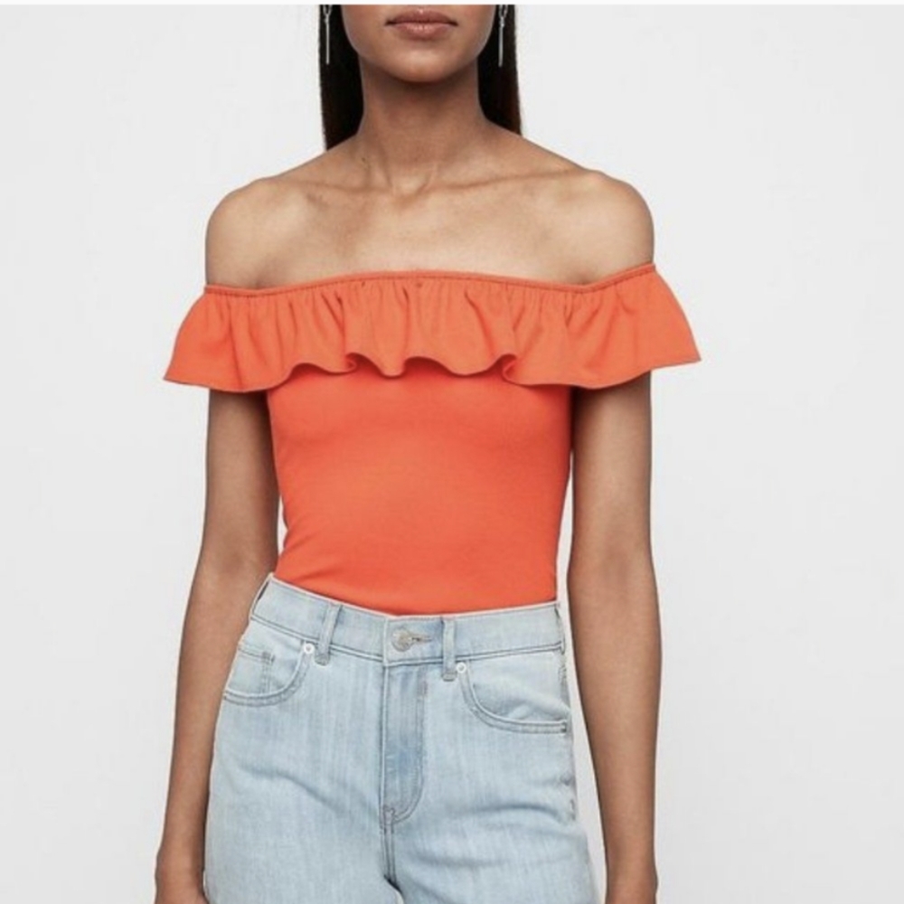 Express Ribbed Ruffled Off The Shoulder Bodysuit